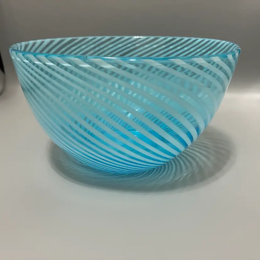 Mezza Filigrana Murano Aquamarine  Blue  Glass Bowl With White Opalescent Swirls