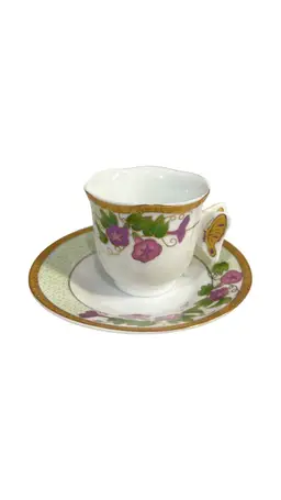 Porcelain Teacup & Saucer – Morning Glory & Butterfly Handle – Hand-Painted Gold Trim Mini Small
