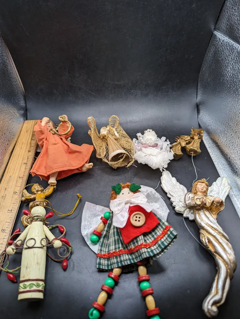 Vintage Lot of 9 Angel Ornaments Paper Mache, Wood, Straw and Resin Look Close.