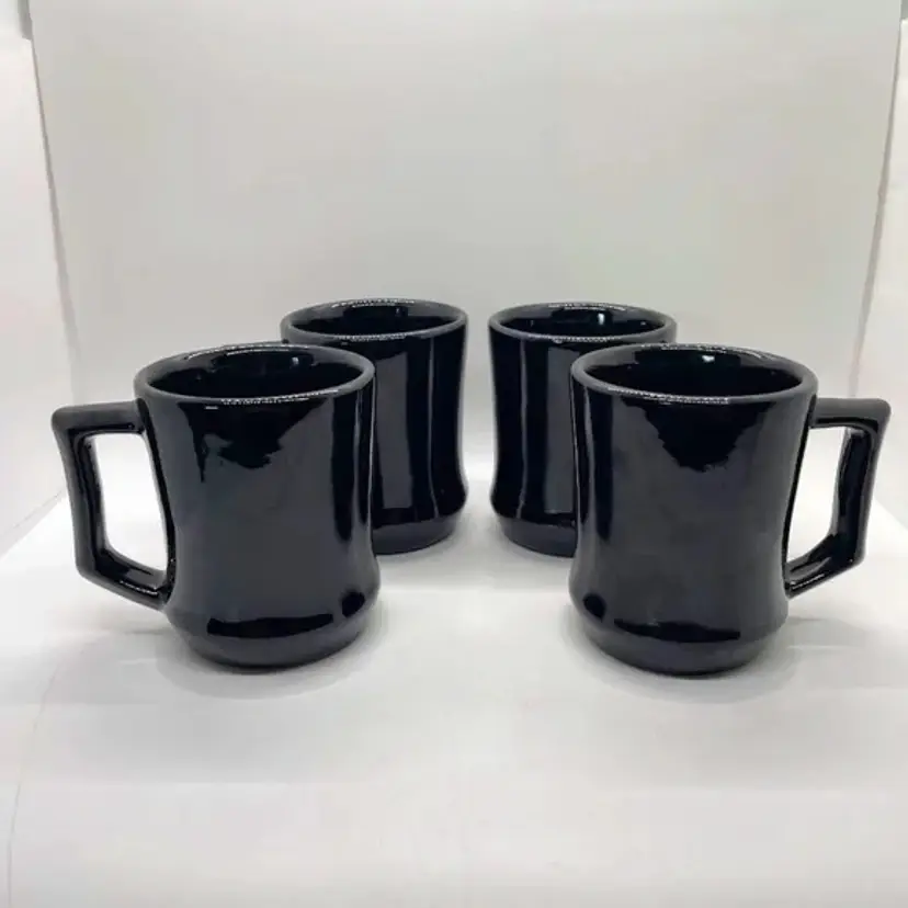 Vintage Frankoma Pottery Black Onyx C5 Coffee Tea Mug Set Of 4 Ceramic Redware