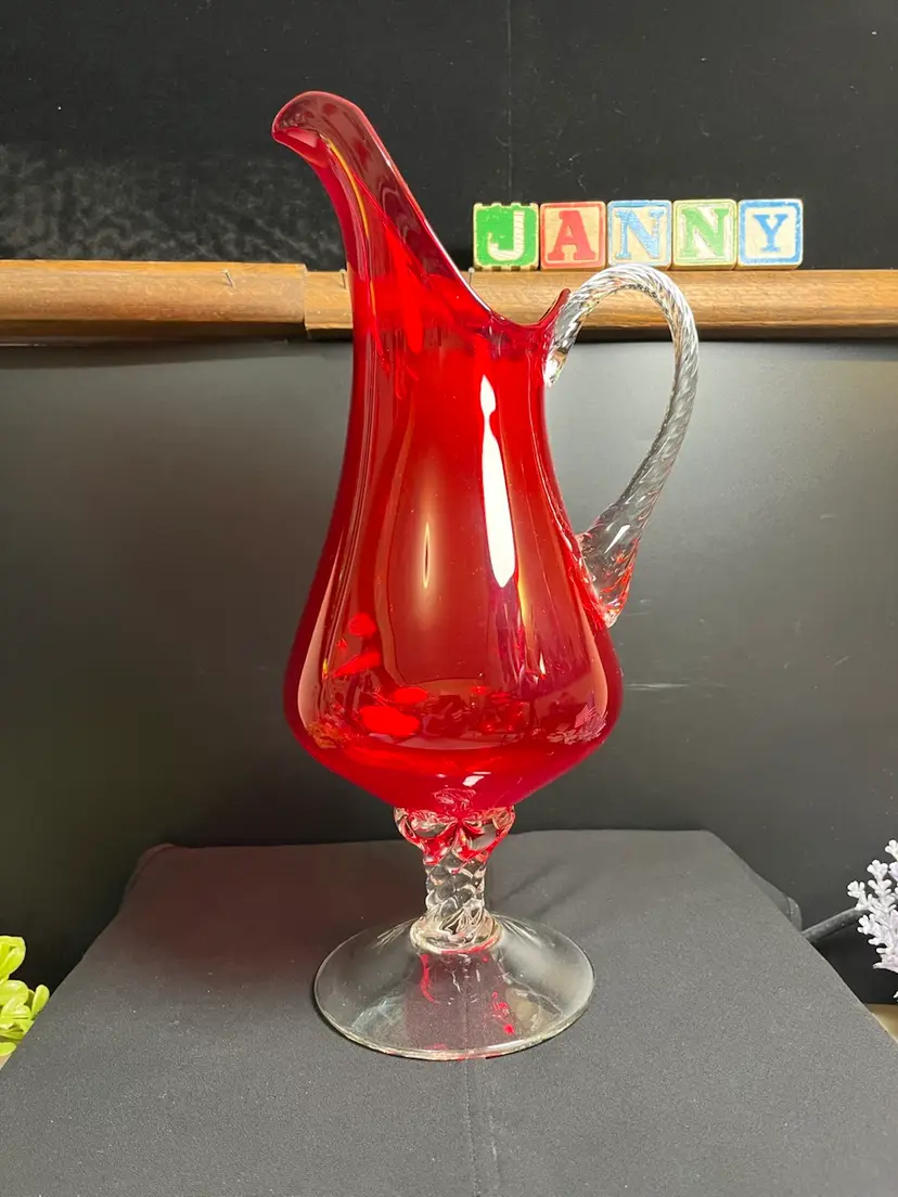 Empoli Ruby Red Art Glass Pitcher or Ewer w/ Classic Clear Rope Twisted Handle and Column on Pedestal or Base-Lot 61