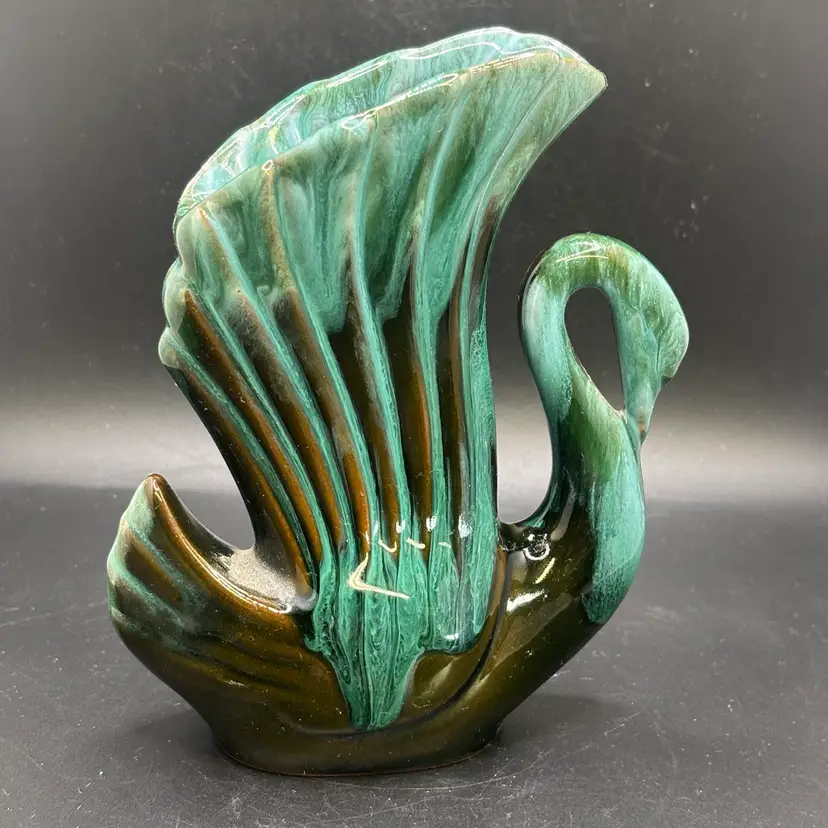 Blue Mountain Pottery Swan Wing Feather Vase Teal Drip Glaze Stamped 6"