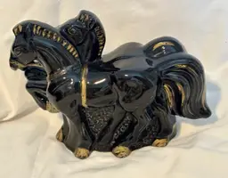 MCM Black Glossy Carriage Horses Figurine w/gold Accents