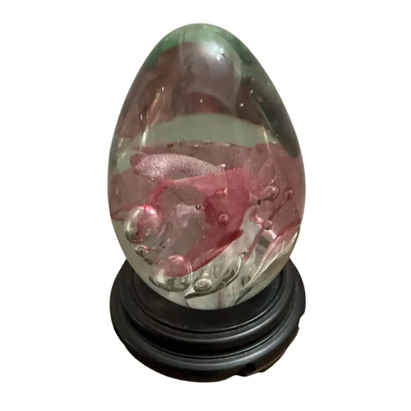 Vintage 1992 Mount Saint Helen’s Ash Signed Pink Floral Swirl w/Bubbles Clear Egg Paperweight 3.5” X 2.25”-READ
