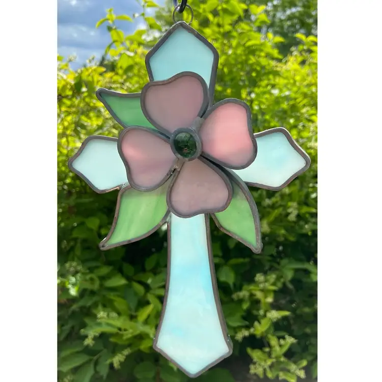 Slag Glass Hanging Sun catcher. Teal, Cross Shape With Pink Flower, Green Leaves And Green Glass Center. 9”h Including Hanger.