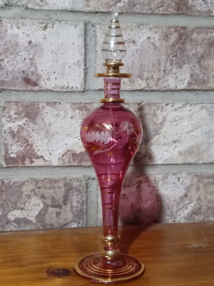 Egyptian Art Glass Perfume Bottle Purple Gold Floral Etched 8" Dauber Stopper