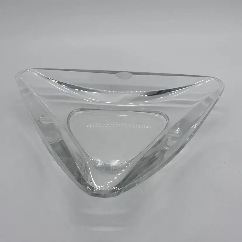 Val St. Lambert Signed Clear Crystal Glass Triangle MCM Art Deco Large Ashtray