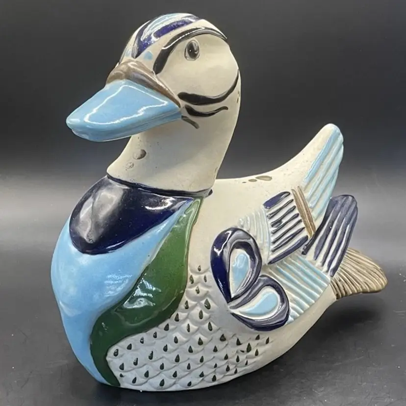 Vintage Mexican Pottery Large Clay Duck Sculpture Hand Painted