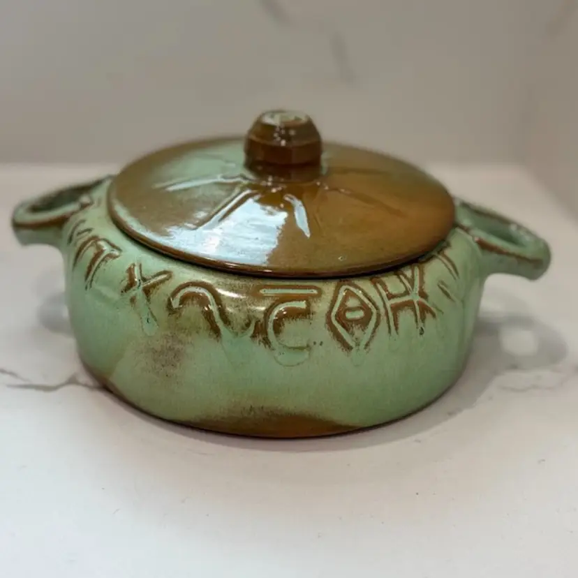 Vintage Frankoma Covered Casserole Dish Prairie Green Glaze  READ