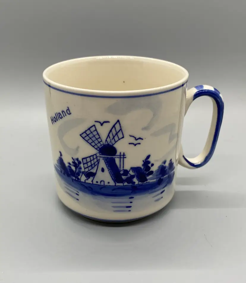 Vintage Hand Painted Delft Blue Colour Holland Windmill and Flowers Mug