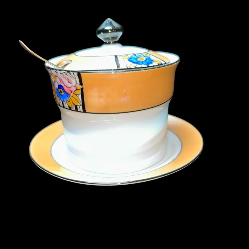 Vintage Noritake Peach Lustre Ware Marmalade Jar Hand Painted Made in Japan Hand Painted-Stratford Sil. Co. Spoon Included