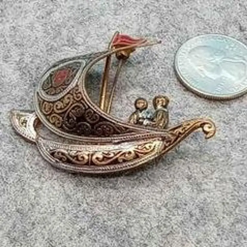 Vintage Spanish Damascene Ship Brooch Couple on Boat