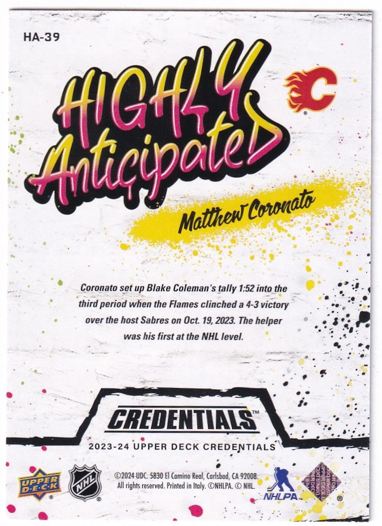 2023-24 Upper Deck Credentials Highly Anticipated #HA39 Matthew Coronato Calgary Flames Hockey Card
