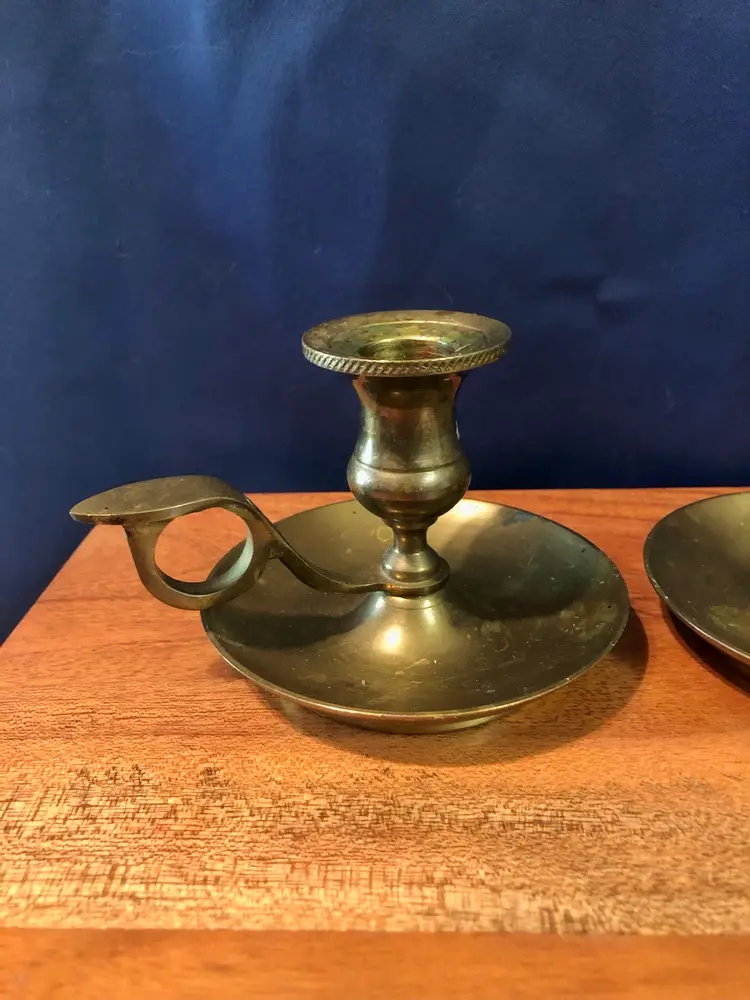 Vintage Brass Chamber Candleholders w Loop Handles Set of 2 Candlesticks