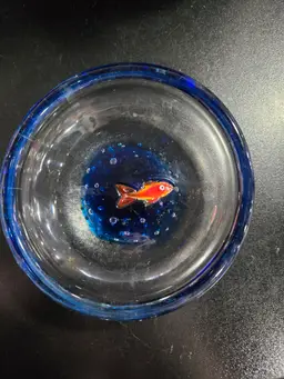 Clear glass bowl with orange fish & bubbles
