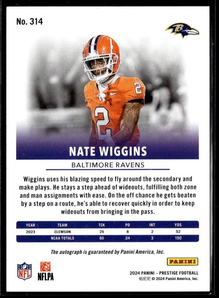 2024 Prestige Football NATE WIGGINS RC Rookie Auto #314 RAVENS
