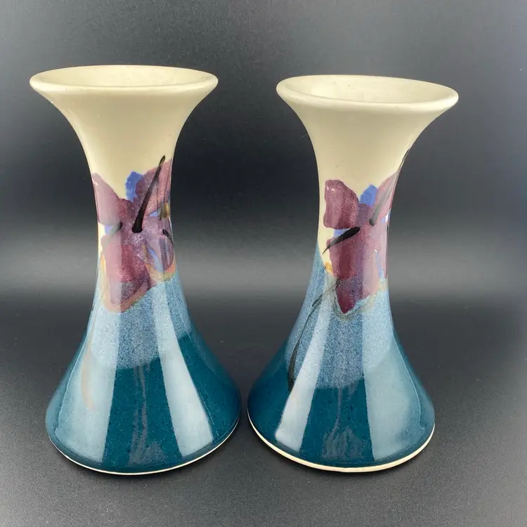 Studio Art Pottery Bud Vases Candleholders Purple Kent Follette Signed Floral Boho Retro