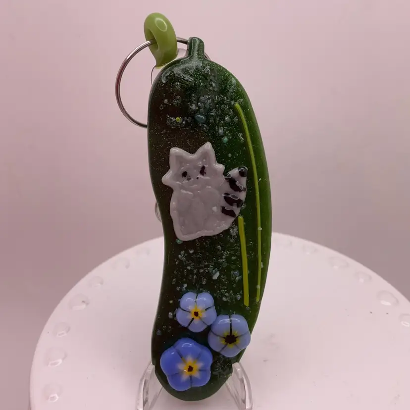 Made by Me! Fused Glass Raccoon  "In a Pickle" Ornament 3.25” Handcrafted Studio Art
