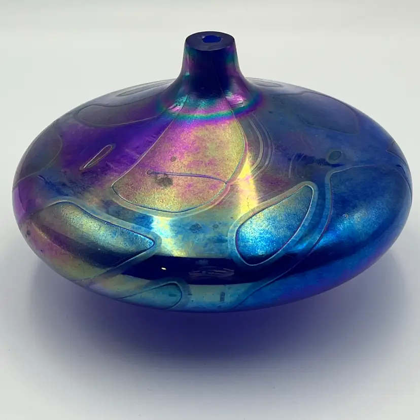 Vintage Roger Vines 1997- Blue Iridescent Art Glass Oil Lamp