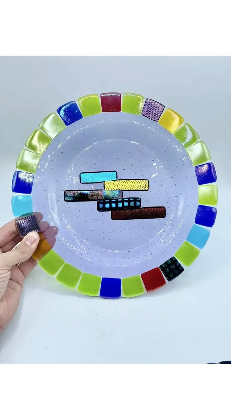 Vintage Geometric Fused Glass Round Plate And Bowl Iridescent Multi Colors