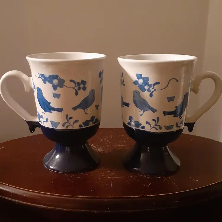 Blue Bird Pedestal Mugs, Set Of 2