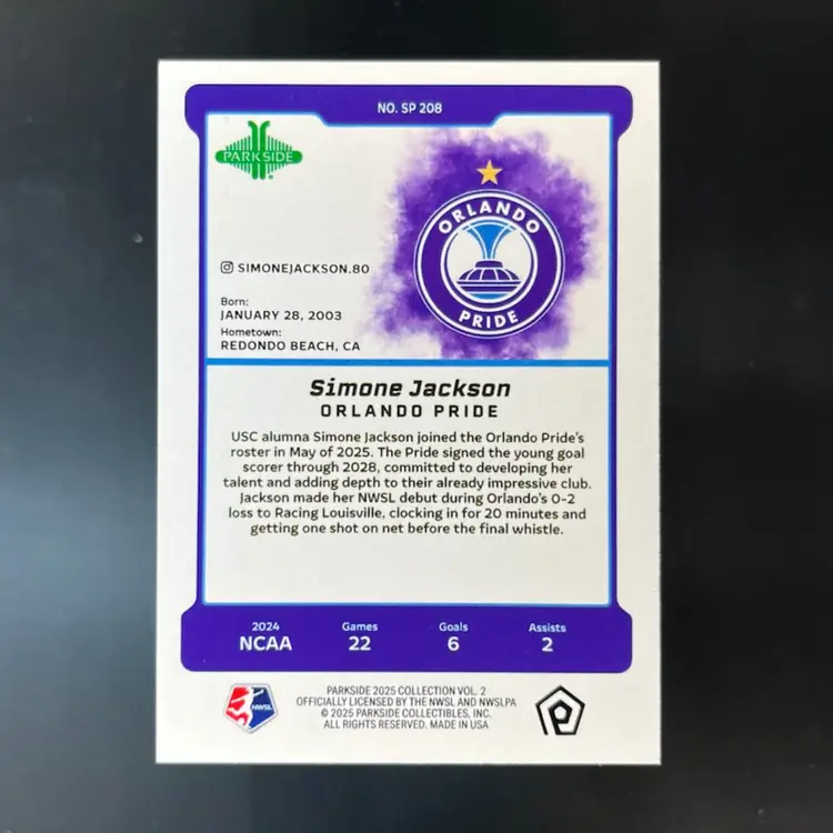 Simone Jackson 2025 Parkside NWSL Vol 2 Image Variation SP /100 Soccer Card