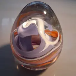 #01 - Wheaton Village Glass, NJ, Egg Shaped Purple, Orange & White Spiral Paperweight