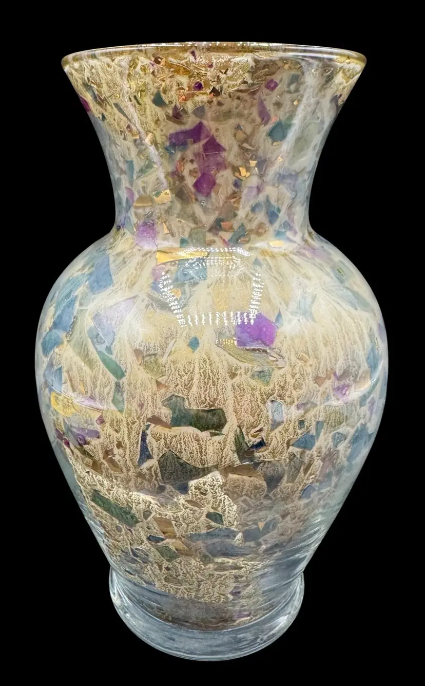 Signed Hastey Cat Reverse Fused Art Glass Vase with 24k Gold Mosaic Pebble Beach