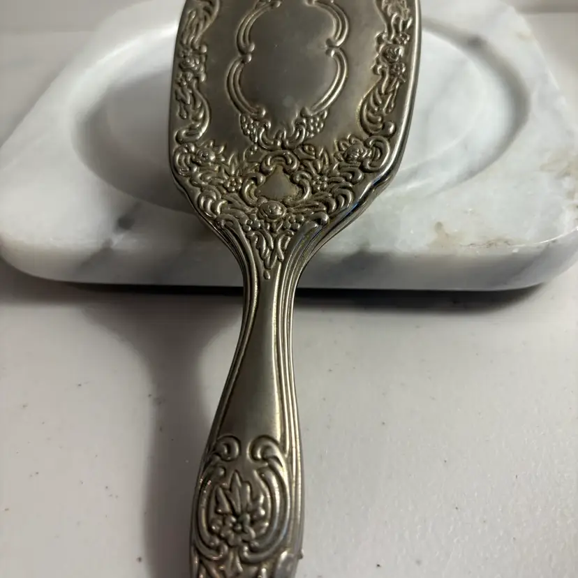 Vintage Hairbrush Silver Plated Ornate Floral Filigree Vanity Brush Clean