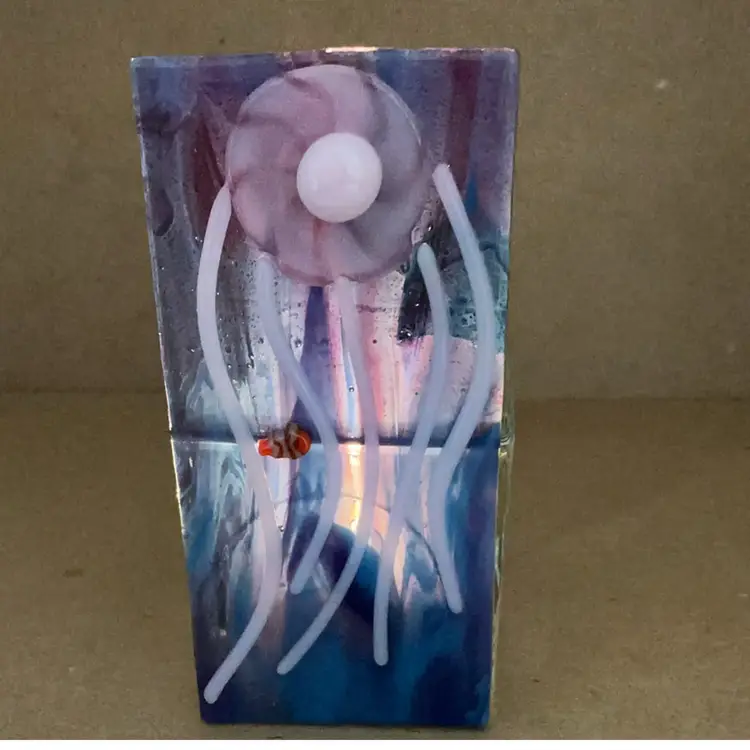 Made by Me! Fused Glass Tea Light 3D Jellyfish with Nemo 4" x 2" x 2" Studio Art Handmade