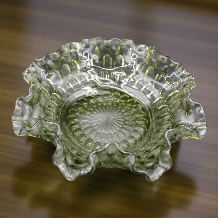 Fenton Olive Green Thumbprint Ruffle Bowl Vaseline Glass MCM7” Diameter