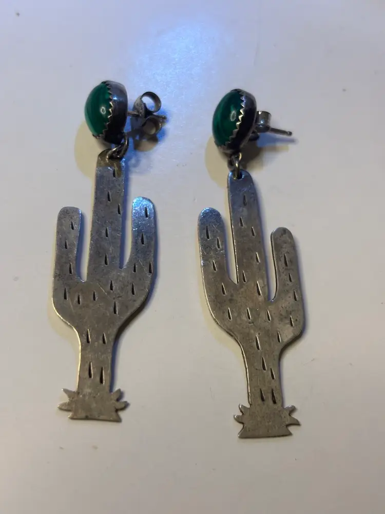 Vintage Sterling Silver Native American Cactus Dangle Malachite Earrings