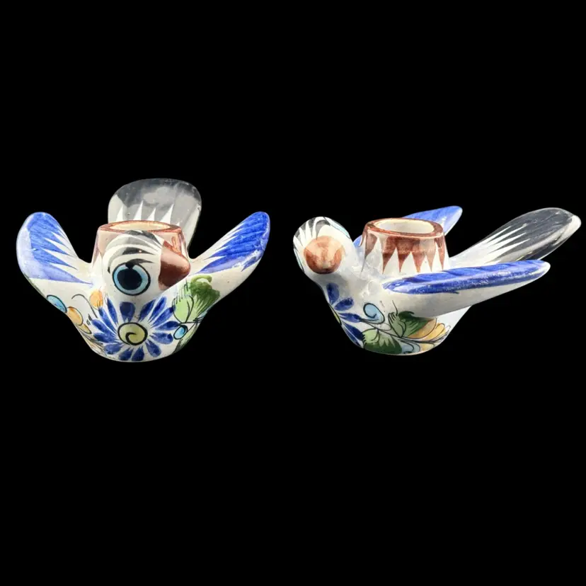 Tonala Mexican Pottery Bird Candle Taper Holders Signed 4 X 3"