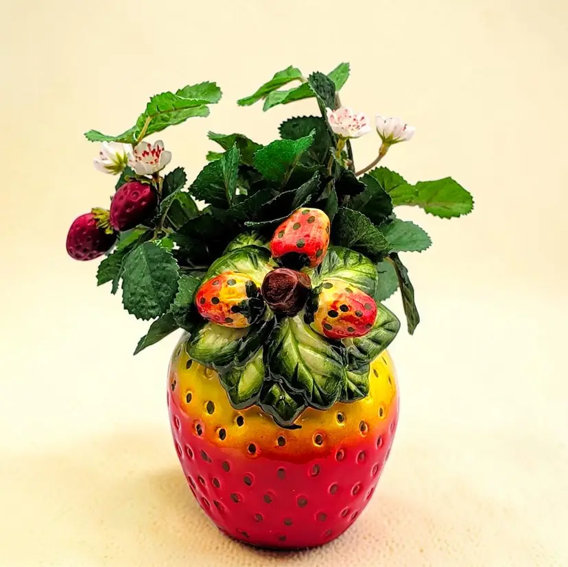 Strawberry Shaped Planter with a Faux Strawberry Plant Kitschy