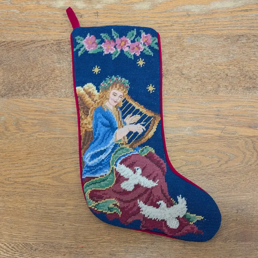 Vintage Wool Needlepoint Christmas Stocking Angel Harp Dove Stars Lined 16 x 10”