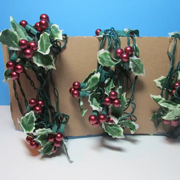 set of 3 vintage Christmas string lights holly leaf and berries clusters