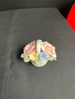Miniature Bisque Porcelain Pastel Floral in Textured Basket Weave Tiny Basket w/ Handle
