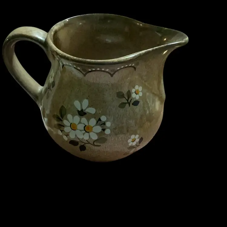 Vintage West Germany Pfalzketamik Brown Pottery Creamer . With Floral Hand painted Daisies Flowers .