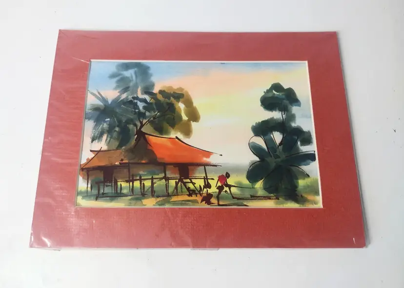 Original Sealed Watercolor Ethnic Village Painting Matted Vintage 9 x 6.5