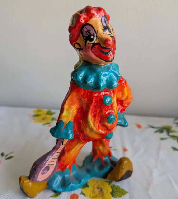 Vintage Paper Mache Clown harlequin hand painted Lacquer Mexico Folk art 7.5" tall
