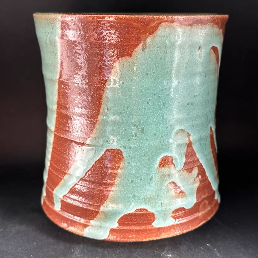 Vintage Studio Pottery Vase Planter Pot signed, Brown Aqua Celadon  5.5”H X 5” W