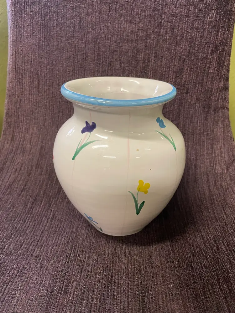 Vintage Italian Pottery Vase Tulip Flowers Hand Painted Redware Cottagecore