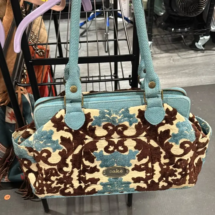 Handbag Fabulous CAKE Brand Multicolor Teal Light Blue Brown Cream Beige Tapestry Zip Closure