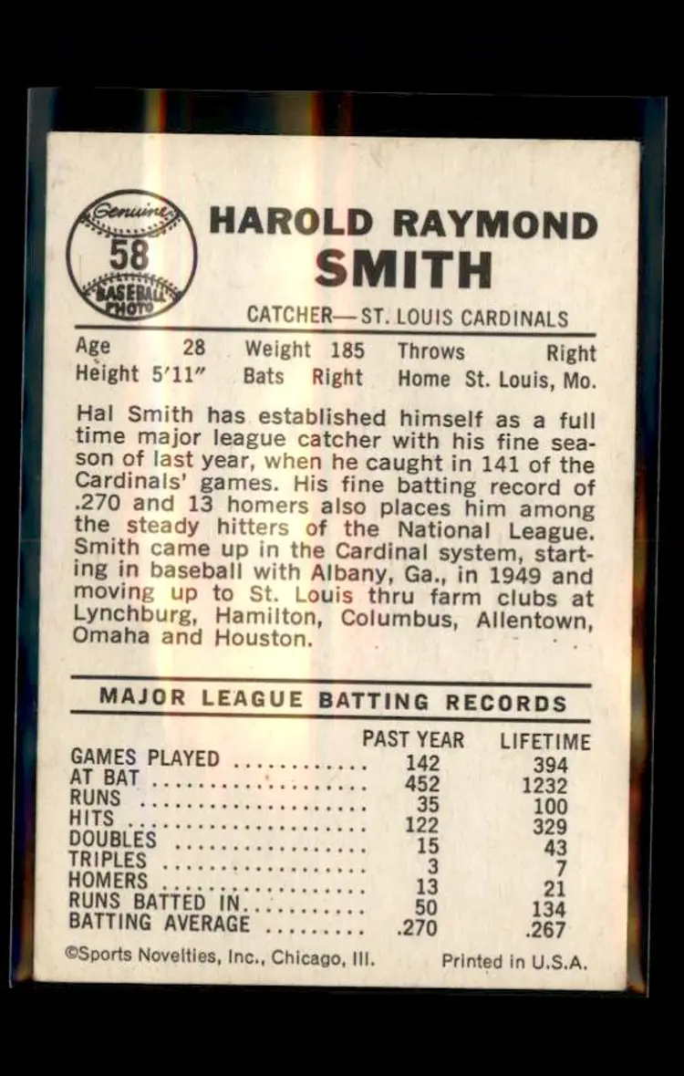 1960 Leaf #58a Hal Smith Pre-Production - (pk1) - St. Louis Cardinals