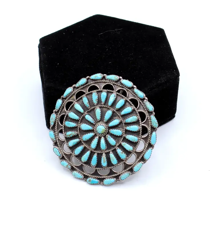 Navajo Dine' MC signed sterling silver petit point turquoise round brooch 25.10g