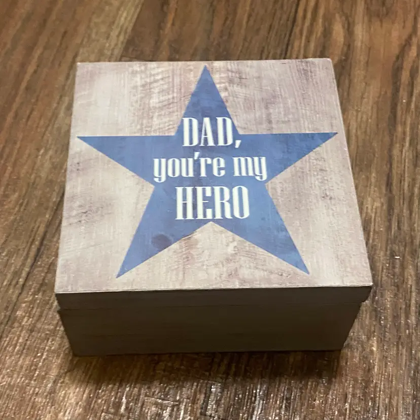 Wood Hinged Keepsake Box 5” W Square 2.75” H Dad You’re My Hero Blue Gray Gift