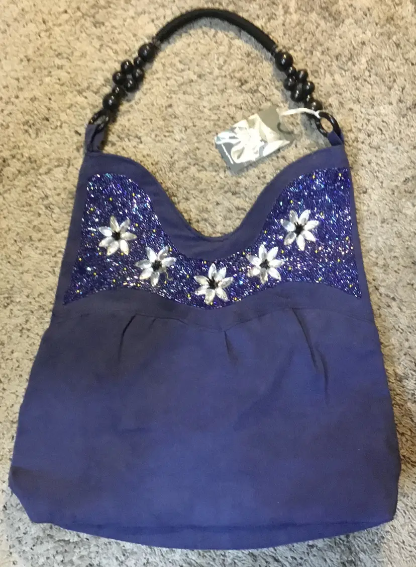 Purse/tote, large sparkly blue faux suede acrylic & glass beaded, zip closed top