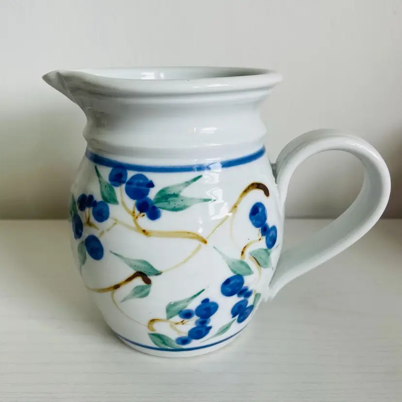 Handmade Ceramic Pitcher 2003 Blueberries Blue And White 5.5”
