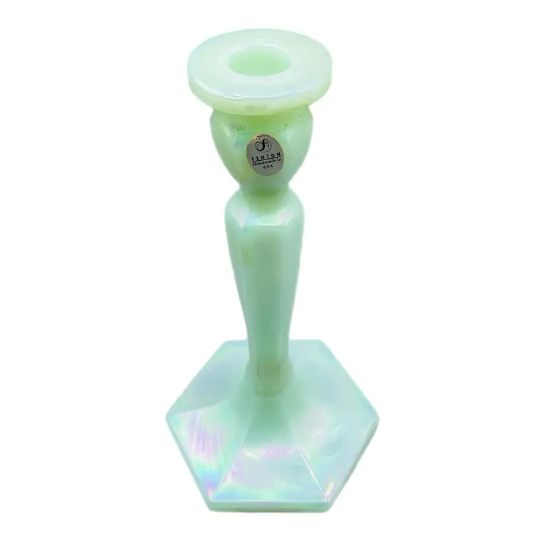 Fenton Glass Iridescent Sea Green Candlestick Holder Original Label Historic Collection