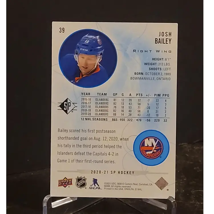 2020-21 Upper Deck SP Blue Parallel #39 - Josh Bailey - Islanders!